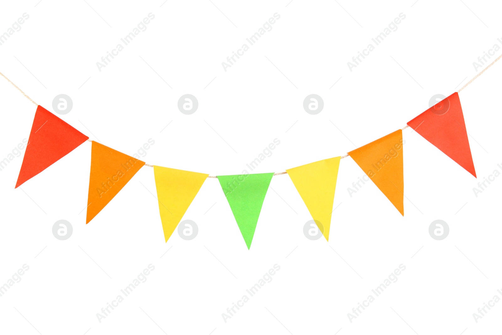 Colorful party flags isolated on white. Festive decor Photo of Colorful party flags isolated on white. Festive decor