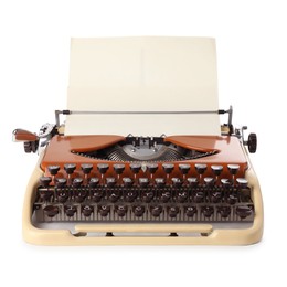 Photo of Vintage typewriter with sheet of paper isolated on white