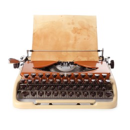 Photo of Vintage typewriter with sheet of parchment paper isolated on white