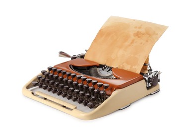Photo of Vintage typewriter with sheet of parchment paper isolated on white