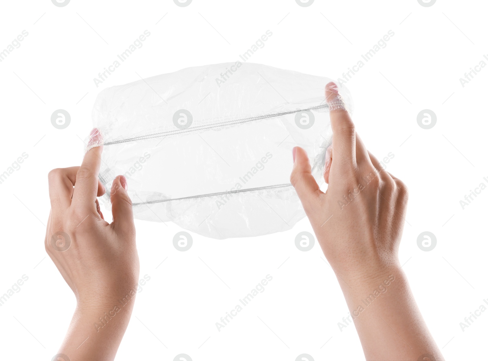 Photo of Woman with shower cap on white background, closeup