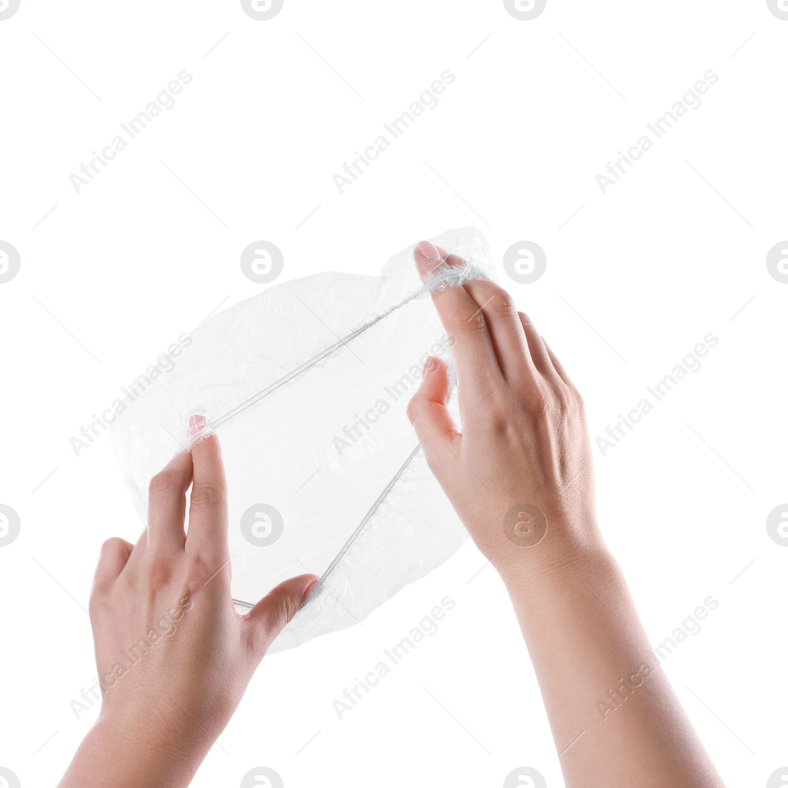 Photo of Woman with shower cap on white background, closeup