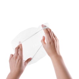 Photo of Woman with shower cap on white background, closeup