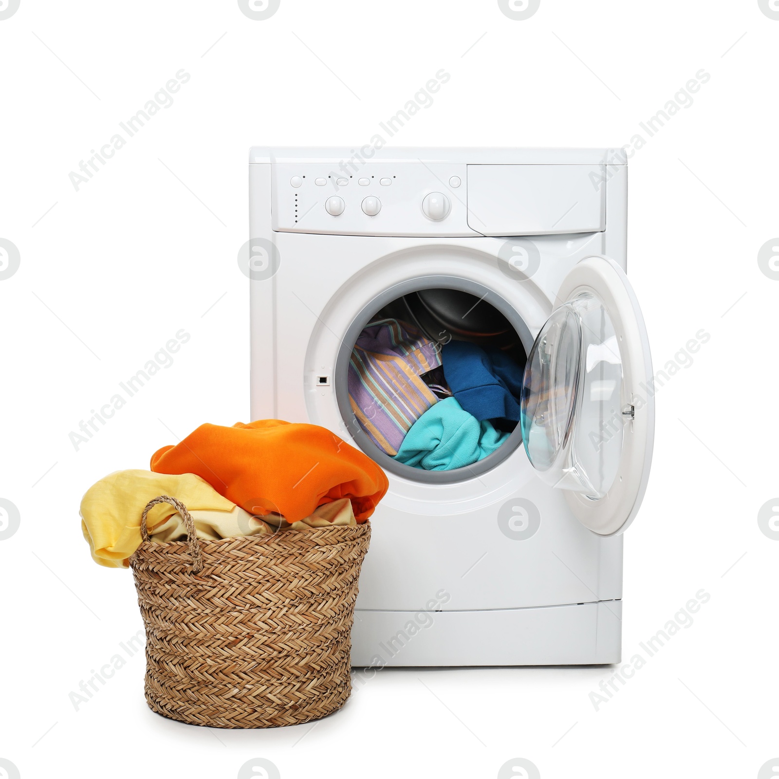 Photo of Modern washing machine and laundry basket isolated on white