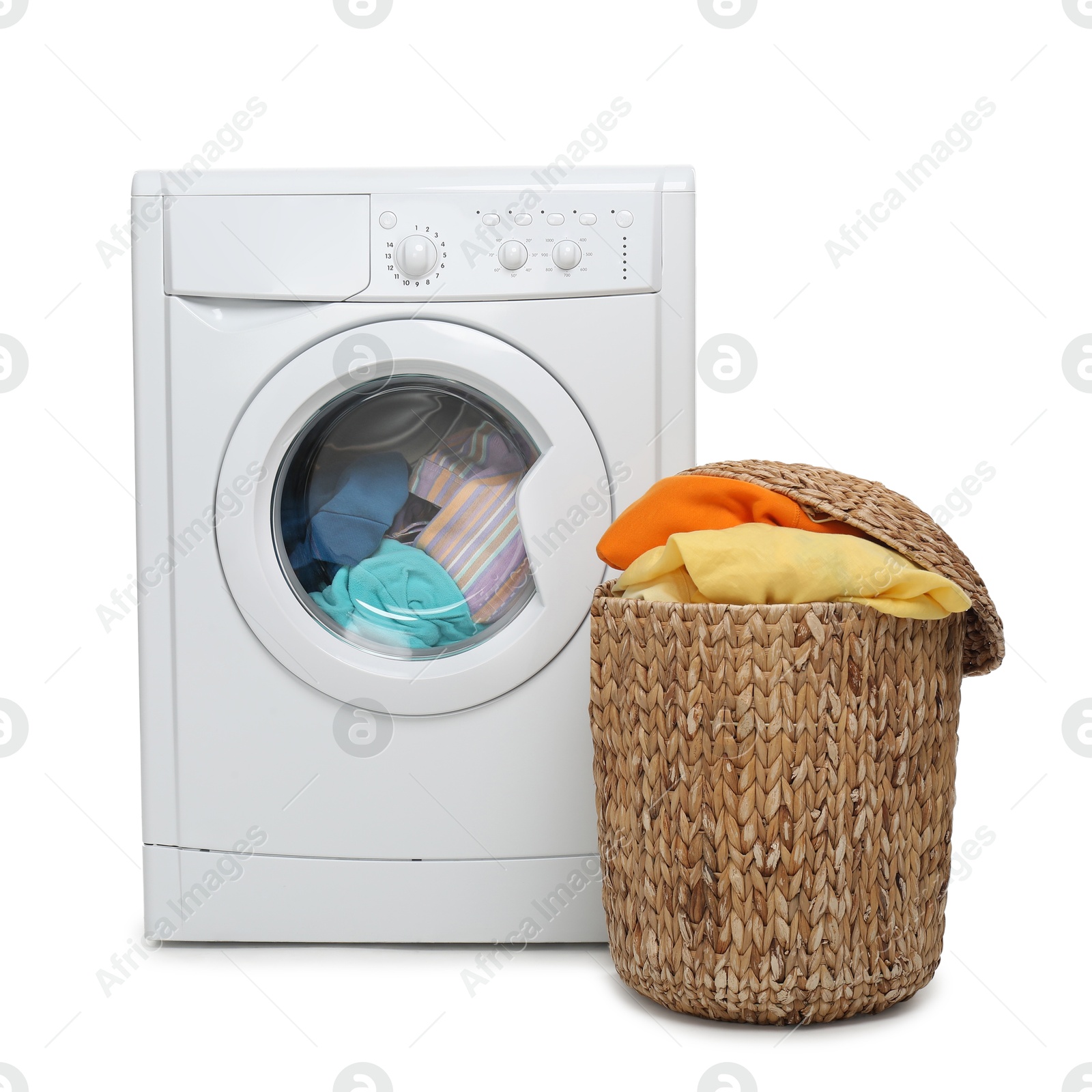 Photo of Modern washing machine and laundry basket isolated on white