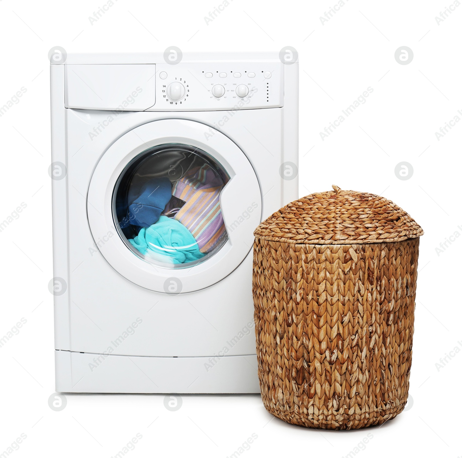 Photo of Modern washing machine and laundry basket isolated on white