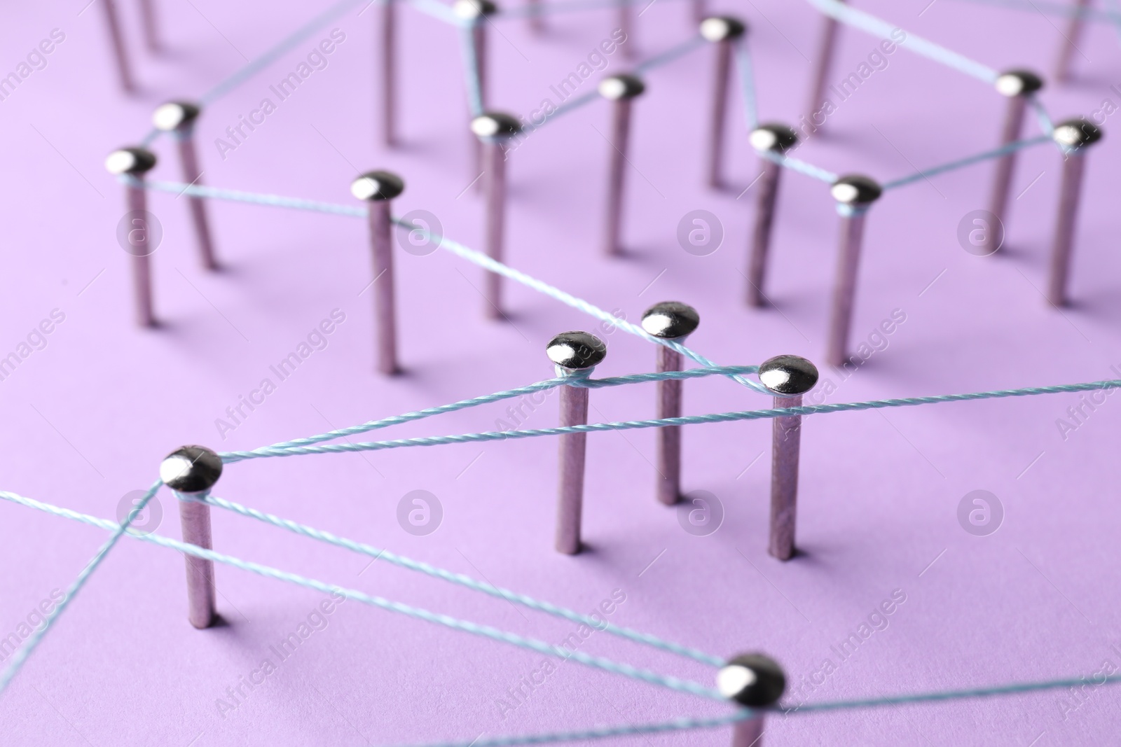 Photo of Network connection. Nails linked together by thread on violet background, closeup