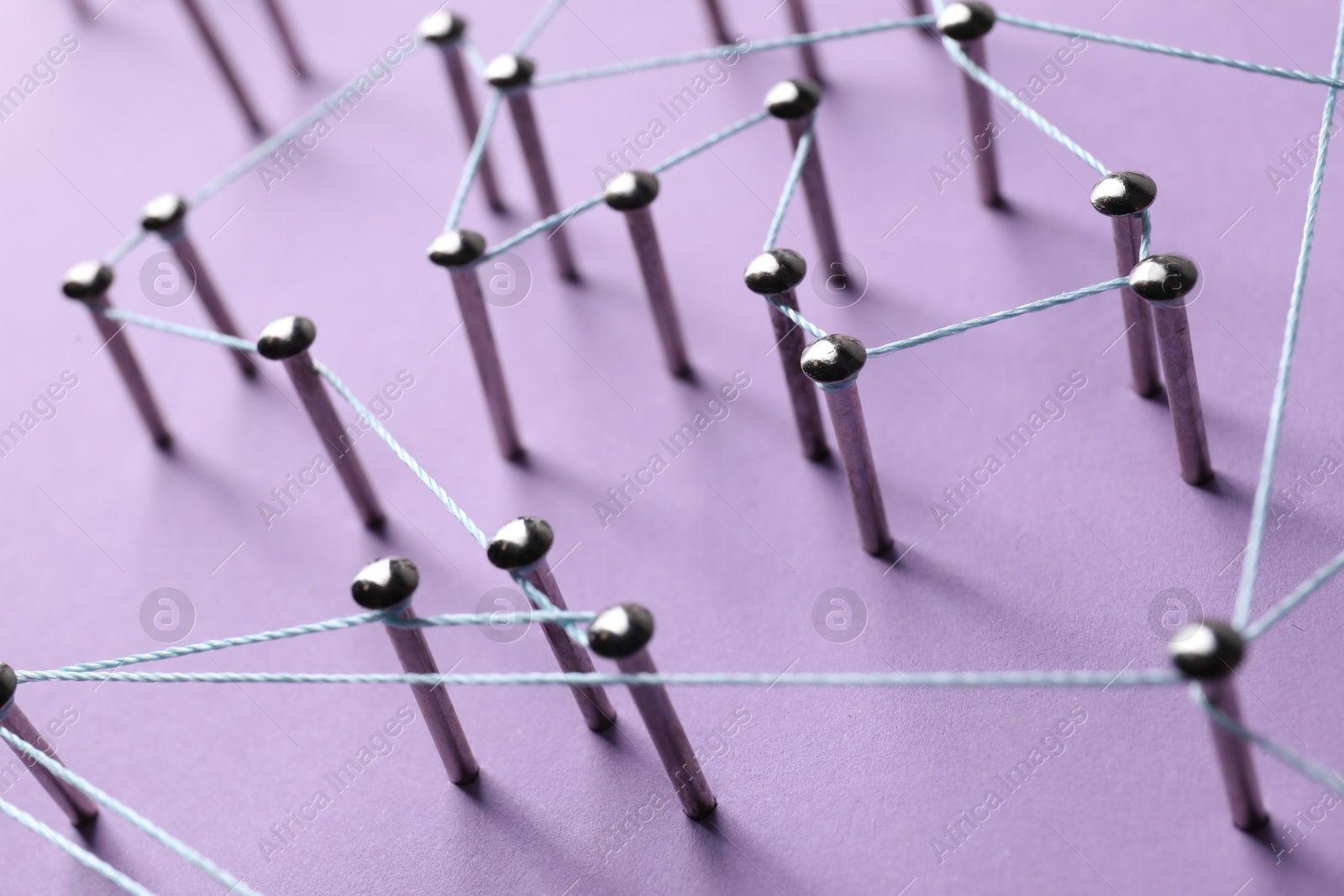 Photo of Network connection. Nails linked together by thread on violet background, closeup