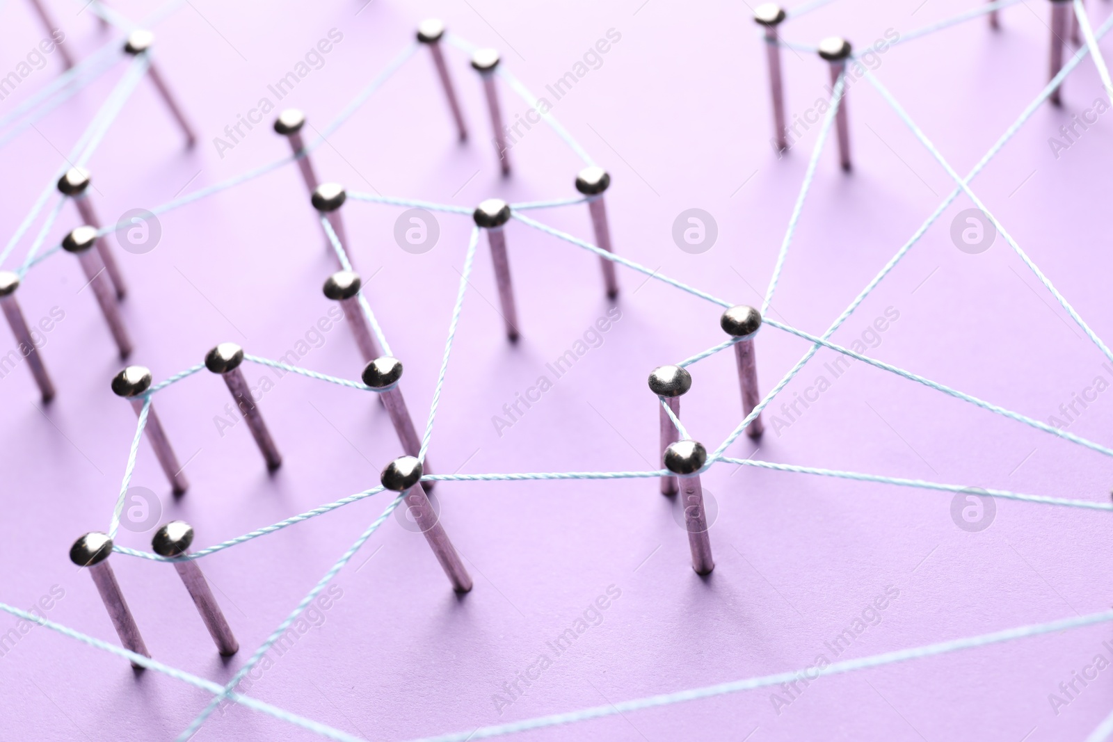 Photo of Network connection. Nails linked together by thread on violet background, closeup