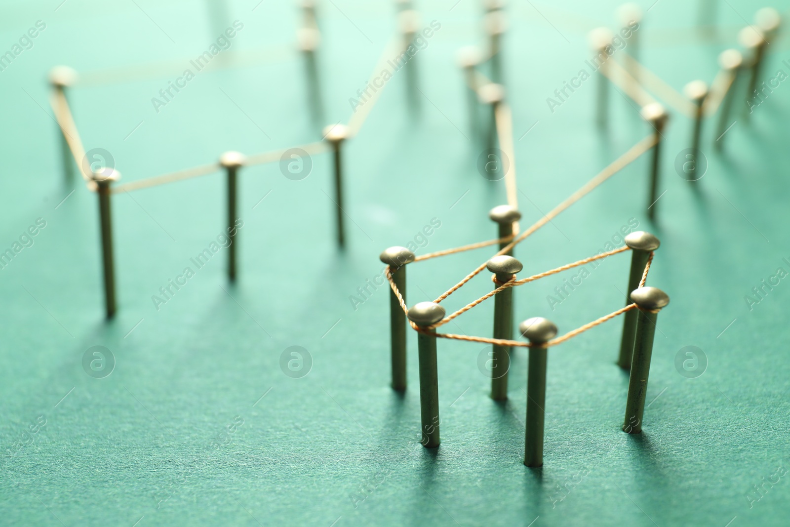 Photo of Network connection. Nails linked together by thread on green background, closeup