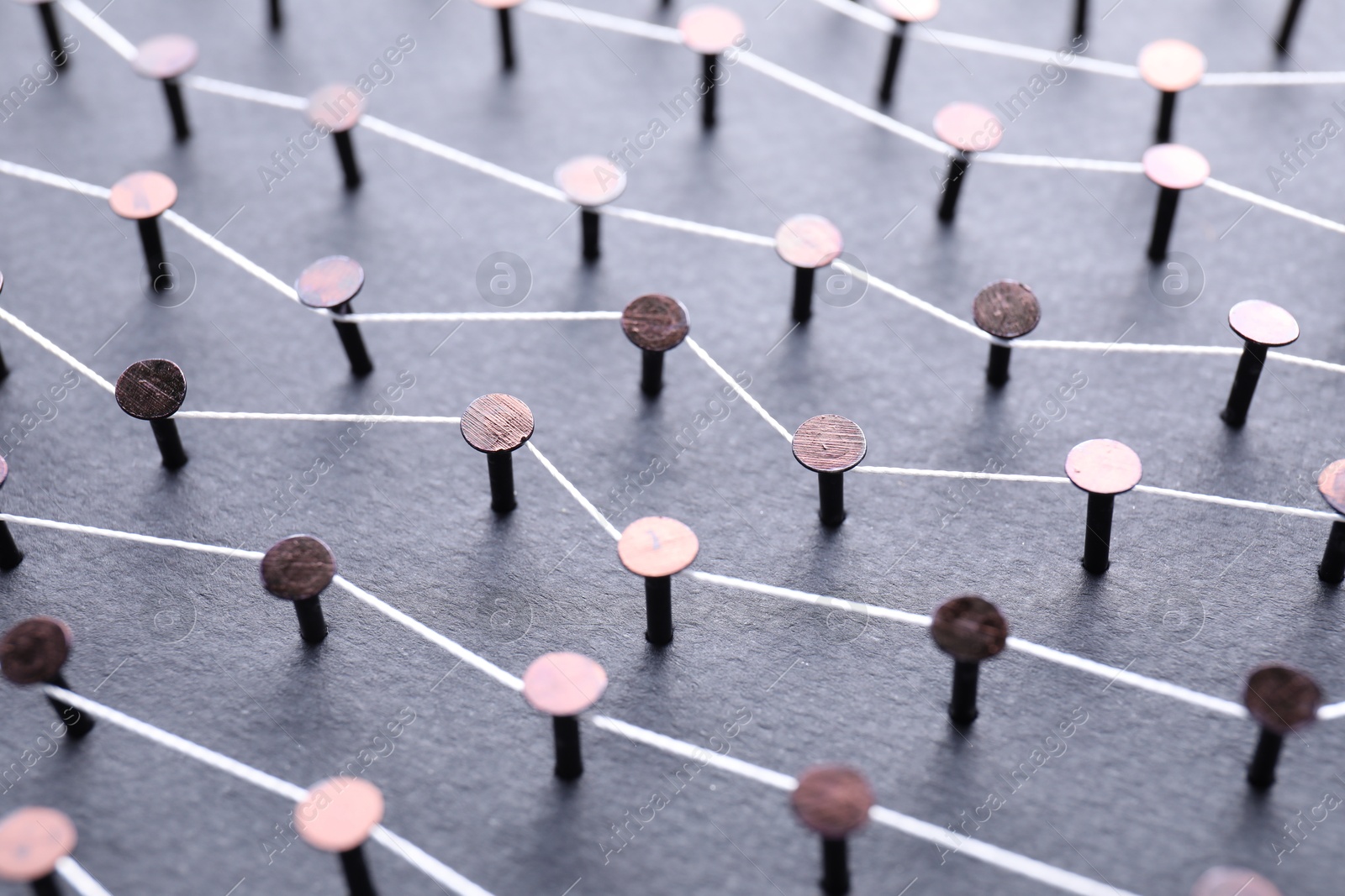 Photo of Network connection. Nails linked together by thread on black background, closeup