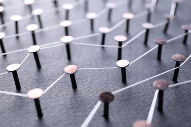 Photo of Network connection. Nails linked together by thread on black background, closeup