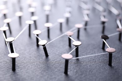 Photo of Network connection. Nails linked together by thread on black background, closeup