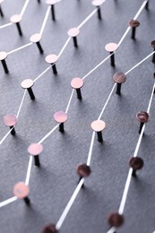 Photo of Network connection. Nails linked together by thread on black background, closeup