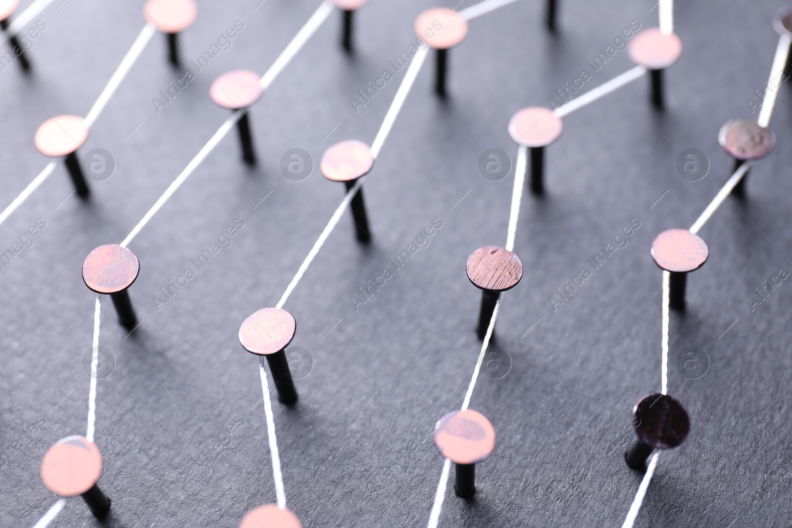 Photo of Network connection. Nails linked together by thread on black background, closeup