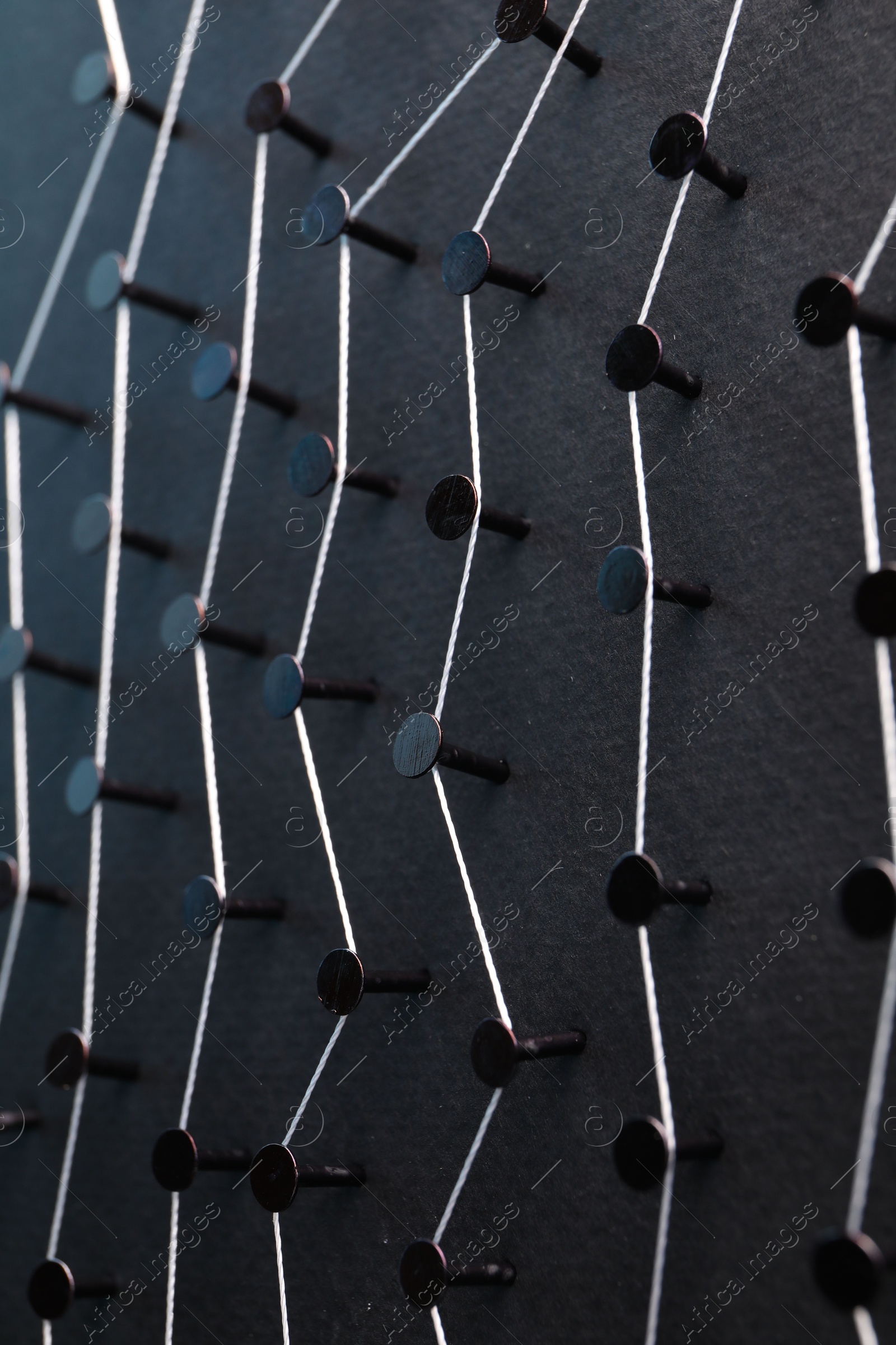 Photo of Network connection. Nails linked together by thread on black background, closeup