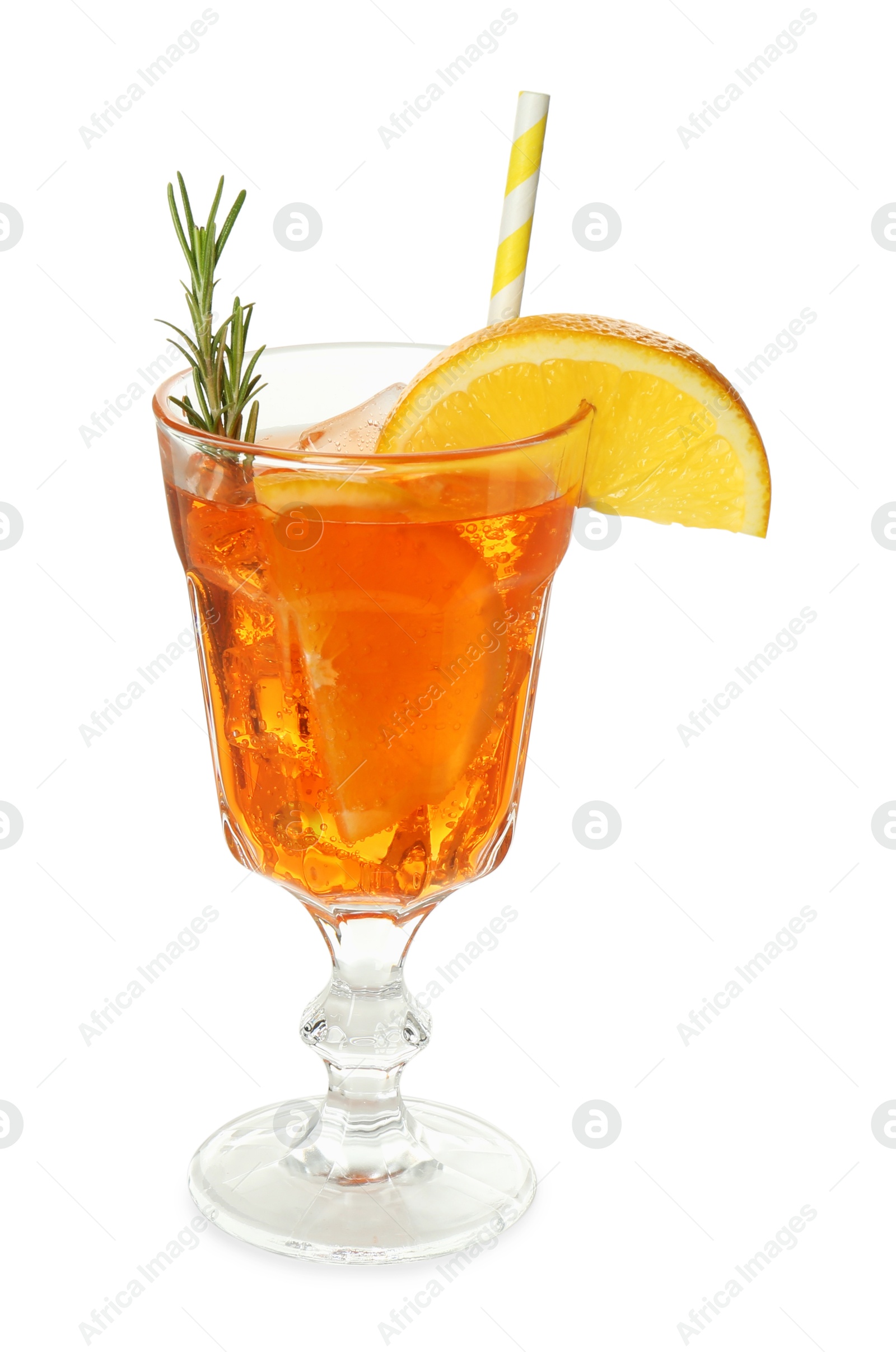 Photo of Tasty Christmas cocktail in glass isolated on white