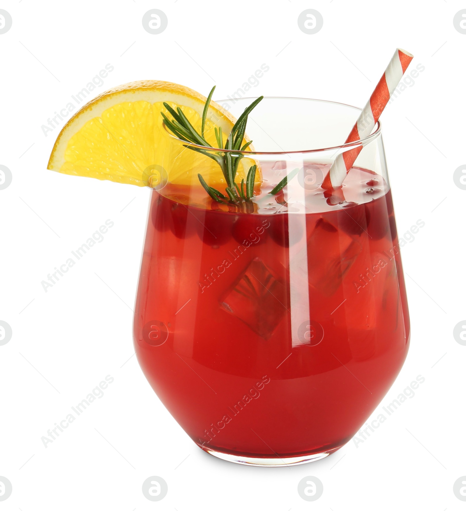 Photo of Tasty Christmas cocktail in glass isolated on white