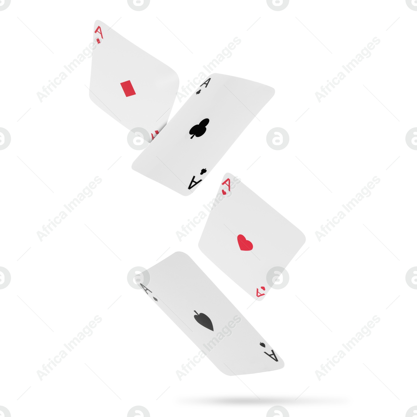 Image of Four aces in air on white background. Poker and other card games