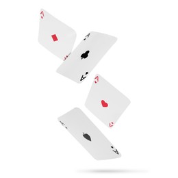 Image of Four aces in air on white background. Poker and other card games