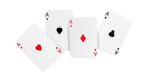 Image of Four aces in air on white background. Poker and other card games