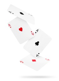 Image of Four aces in air on white background. Poker and other card games