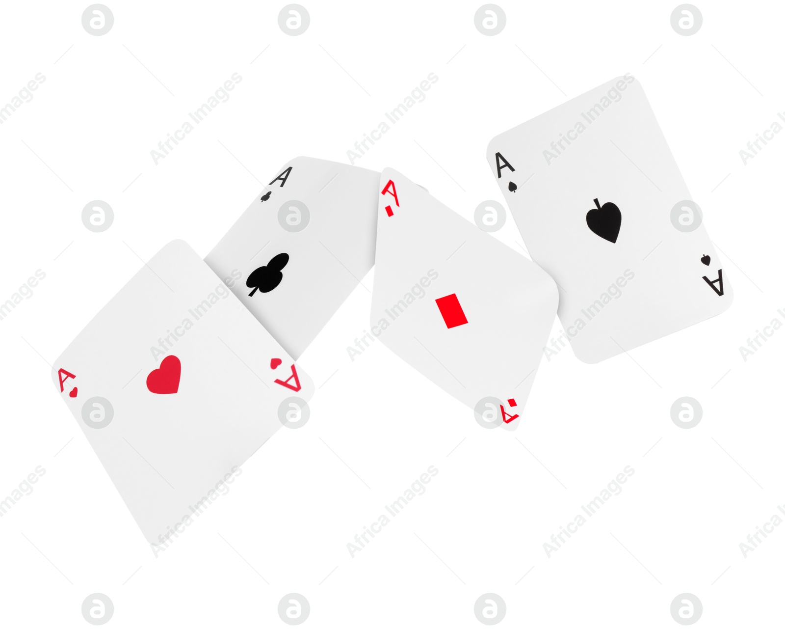 Image of Four aces in air on white background. Poker and other card games