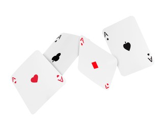 Four aces in air on white background. Poker and other card games