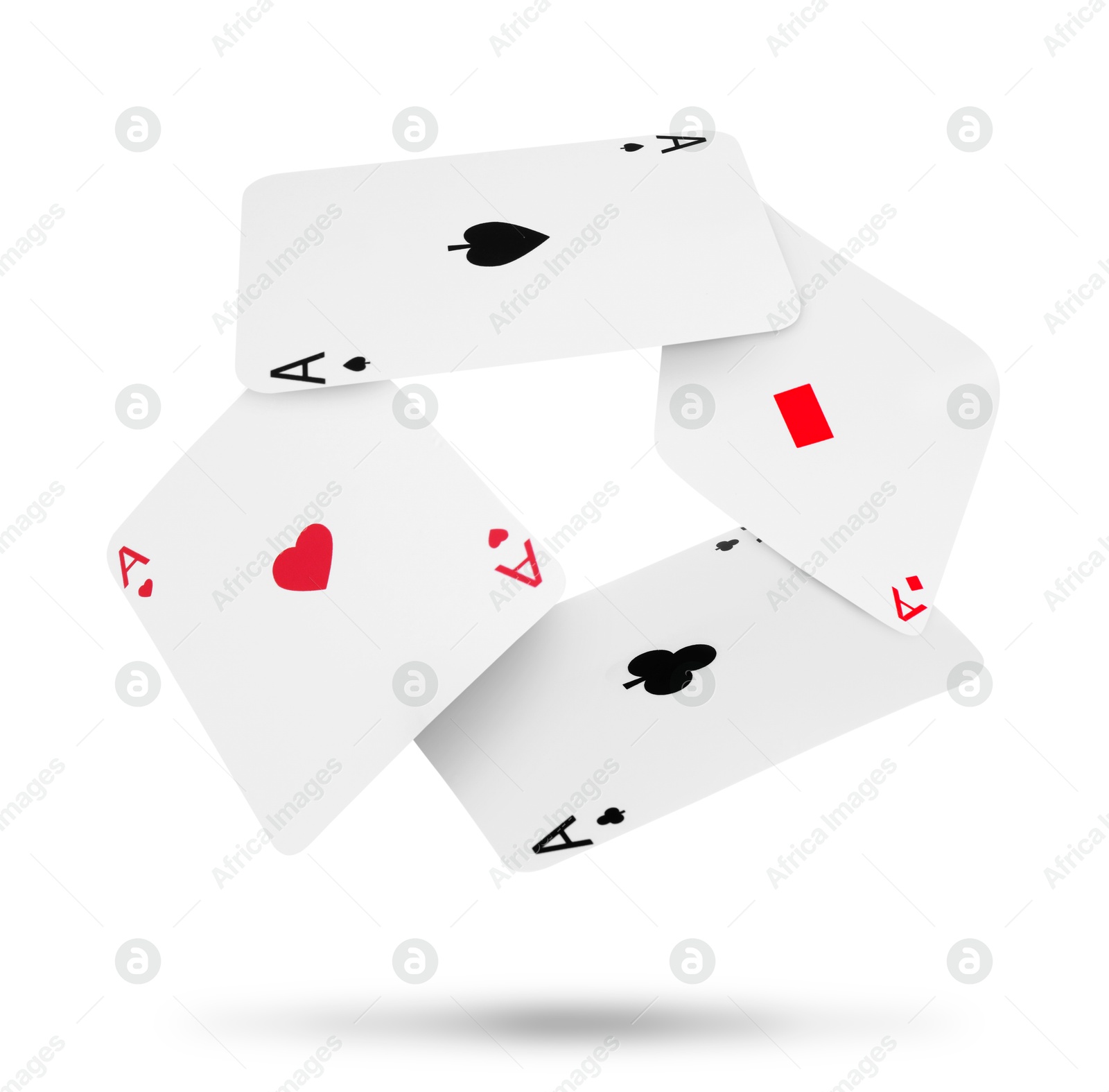 Image of Four aces in air on white background. Poker and other card games