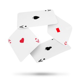 Image of Four aces in air on white background. Poker and other card games