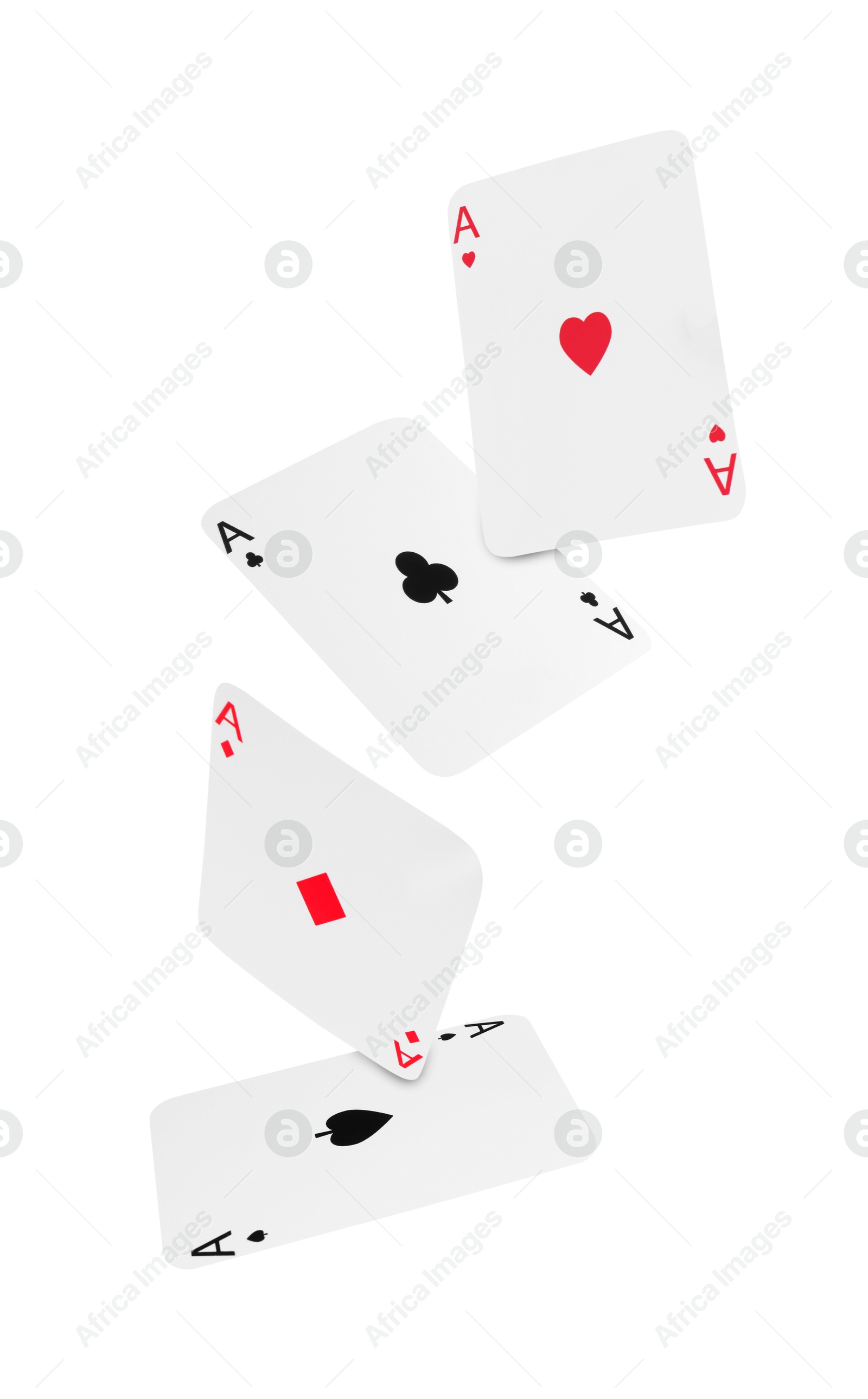 Image of Four aces in air on white background. Poker and other card games