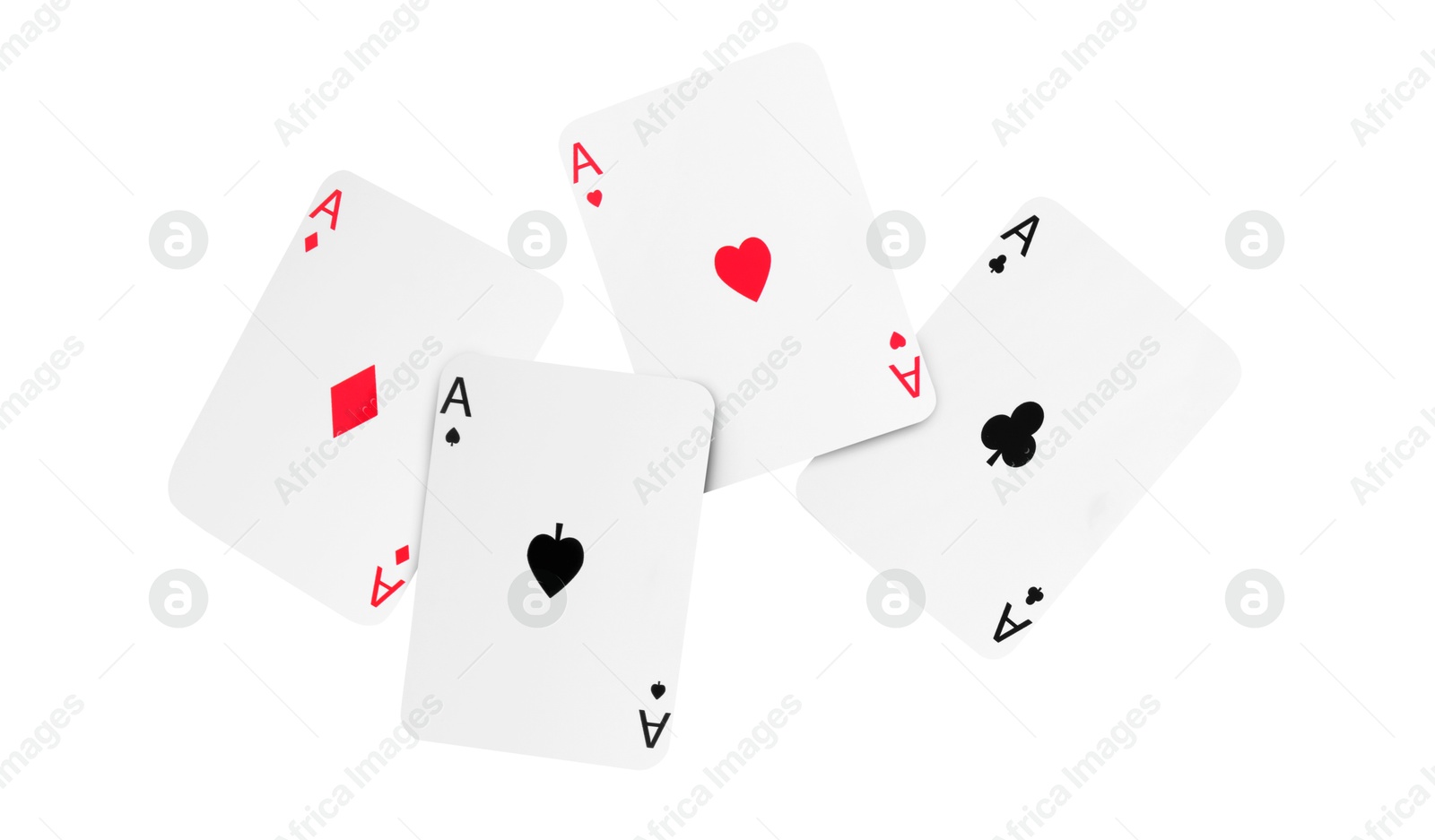 Image of Four aces in air on white background. Poker and other card games