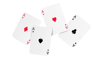 Image of Four aces in air on white background. Poker and other card games