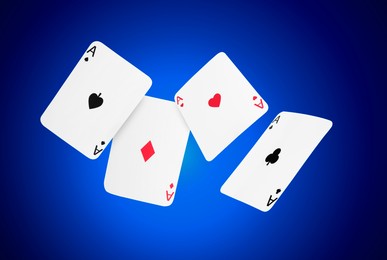 Four aces in air on blue gradient background. Poker and other card games