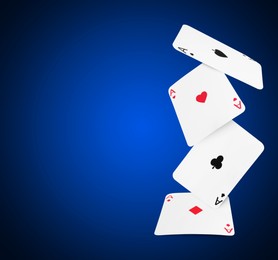 Image of Four aces in air on blue gradient background, space for text. Poker and other card games