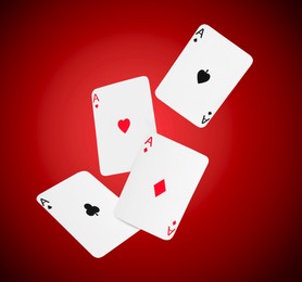 Image of Four aces in air on red gradient background. Poker and other card games