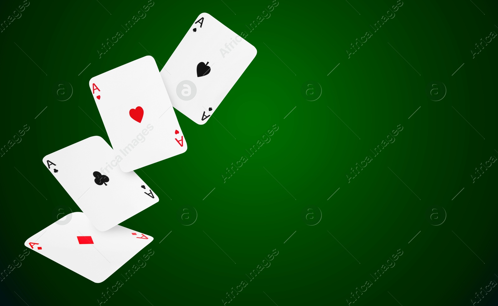 Image of Four aces in air on green gradient background. Poker and other card games. Banner design with space for text