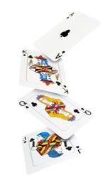 Image of Playing cards of clubs suit in air on white background. Poker game