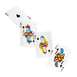 Image of Playing cards of clubs suit in air on white background. Poker game