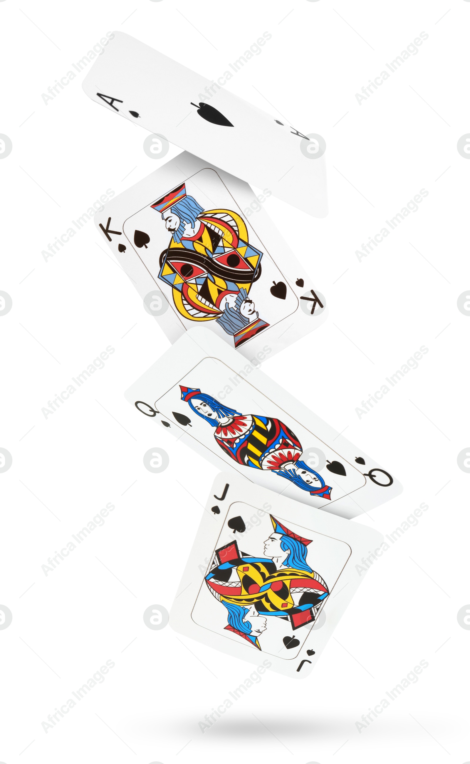 Image of Playing cards of spades suit in air on white background. Poker game