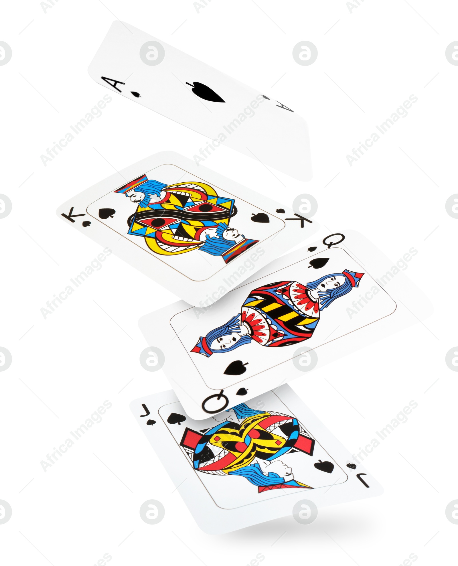 Image of Playing cards of spades suit in air on white background. Poker game