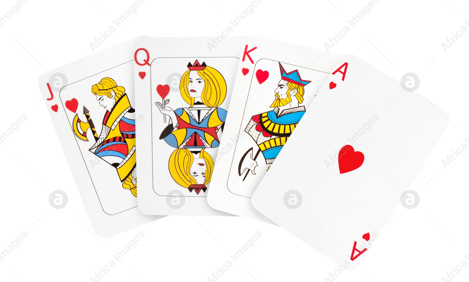 Image of Playing cards of hearts suit in air on white background. Poker game