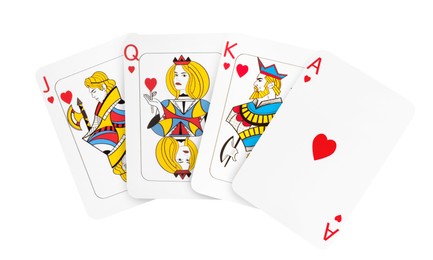 Image of Playing cards of hearts suit in air on white background. Poker game