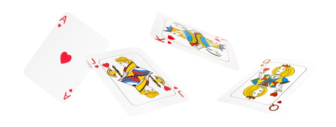 Image of Playing cards of hearts suit in air on white background. Poker game