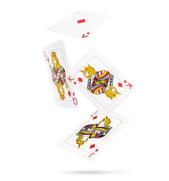 Image of Playing cards of diamonds suit in air on white background. Poker game