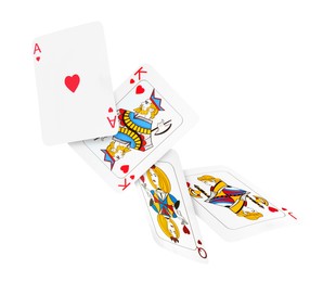 Image of Playing cards of hearts suit in air on white background. Poker game