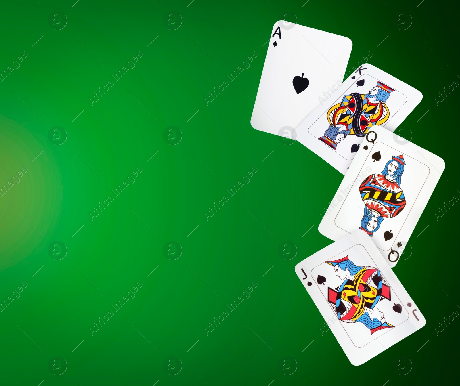 Image of Playing cards of spades suit in air on green gradient background, space for text. Poker game