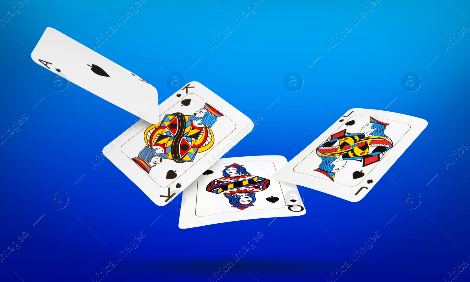 Image of Playing cards of spades suit in air on blue gradient background, banner design. Poker game