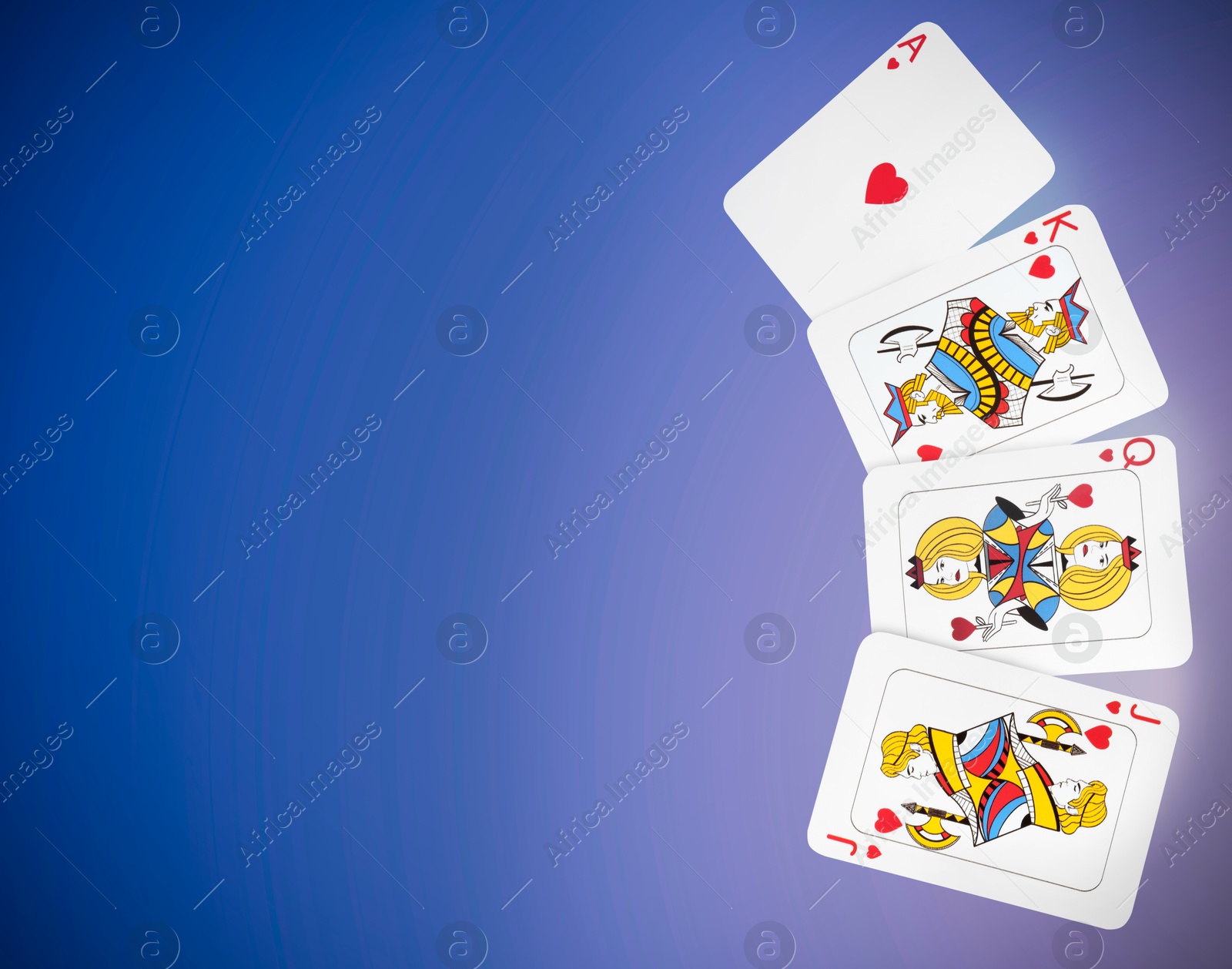 Image of Playing cards of hearts suit in air on blue gradient background, space for text. Poker game