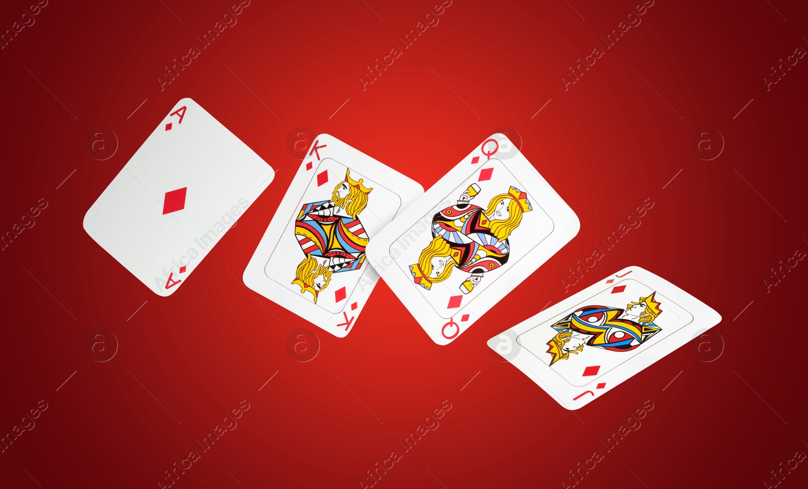 Image of Playing cards of hearts suit in air on red gradient background, banner design. Poker game